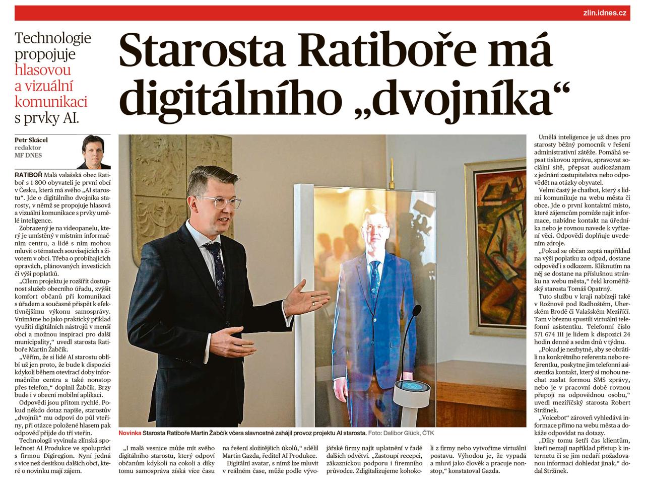 MF DNES: Starosta Ratiboře má digitálního dvojníka