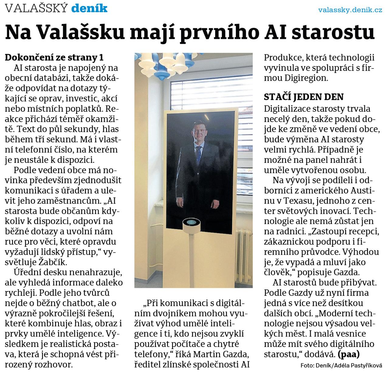Valašský deník: Na Valašsku mají prvního AI starostu